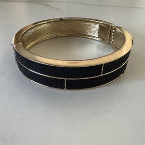 Gold Tone Hinge Bangle Cuff Bracelet with Leather Inset